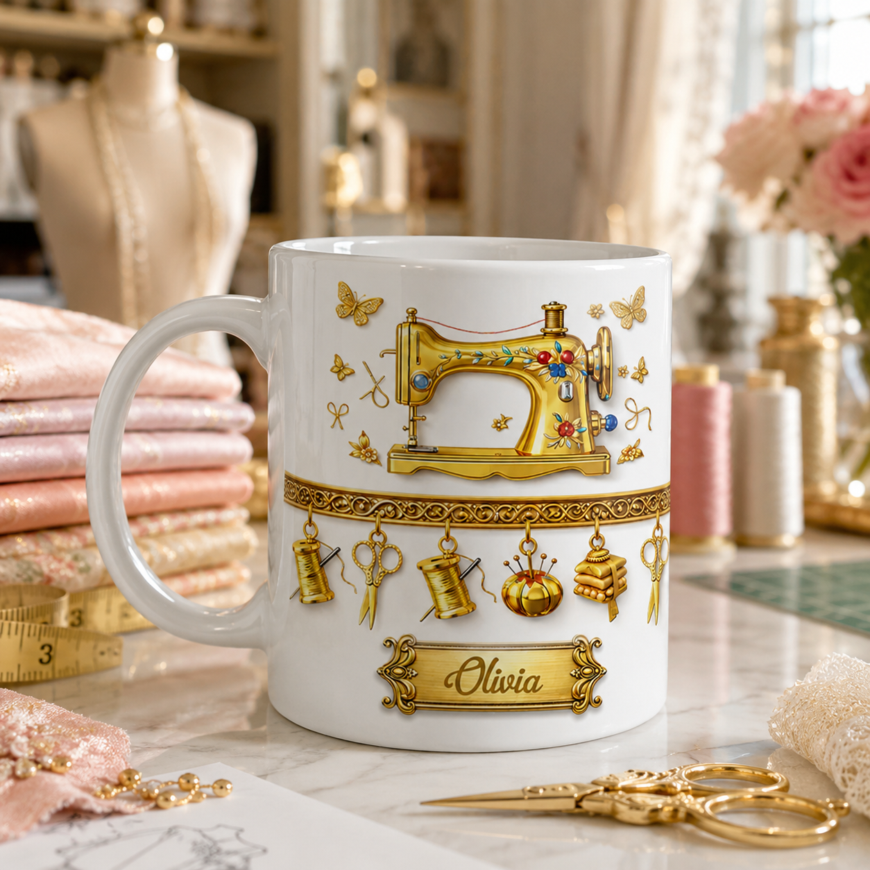 Personalisierte Nähmaschinen-Tasse – Geschenk für sie mit 3D-Effekt