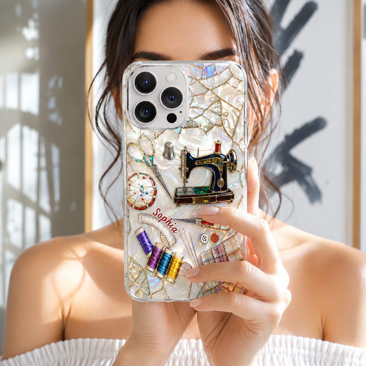Personalized Sewing Lover Clear Phone Case 3D Effect – Custom Name Gift for Quilters & Crafter