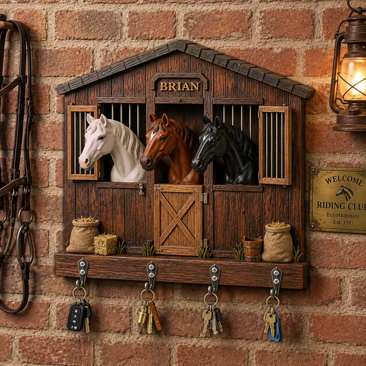 Personalized Horse Barn 3D Effect Key Holder, Custom Name Horse Stable Wall Hanging Rack, Wooden Equestrian Key Organizer Gift for Horse Lovers