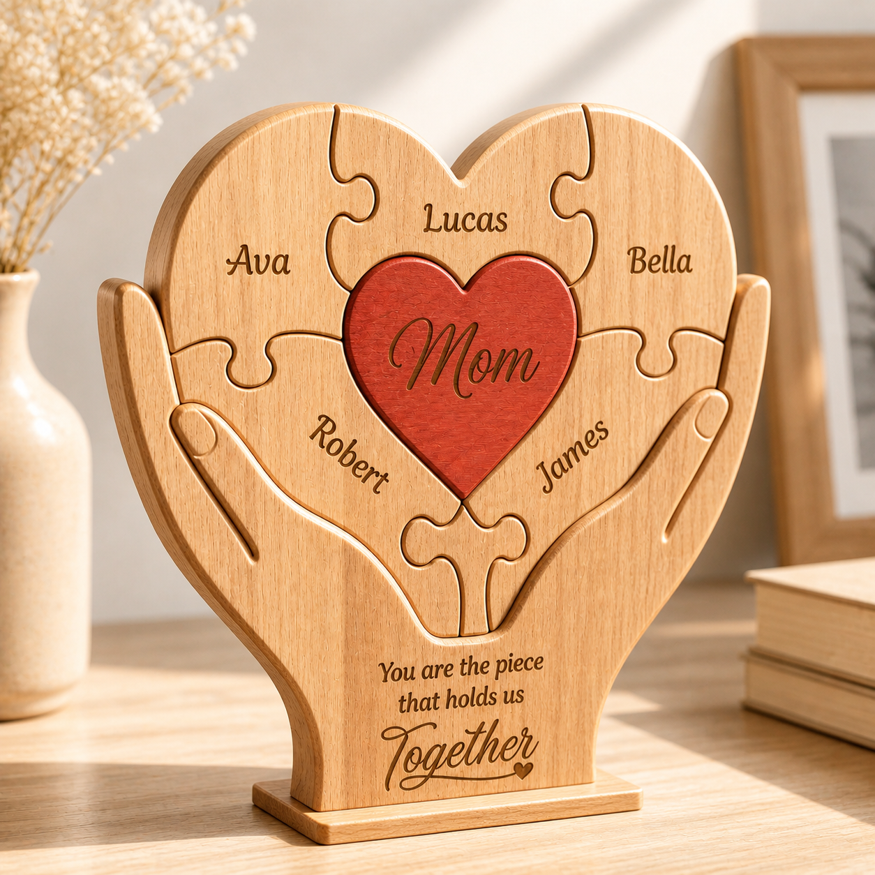 Muttertagsgeschenke, Mama, Mutter, du bist das Stück, das uns zusammenhält – Personalisiertes Holzpuzzle für die Familie