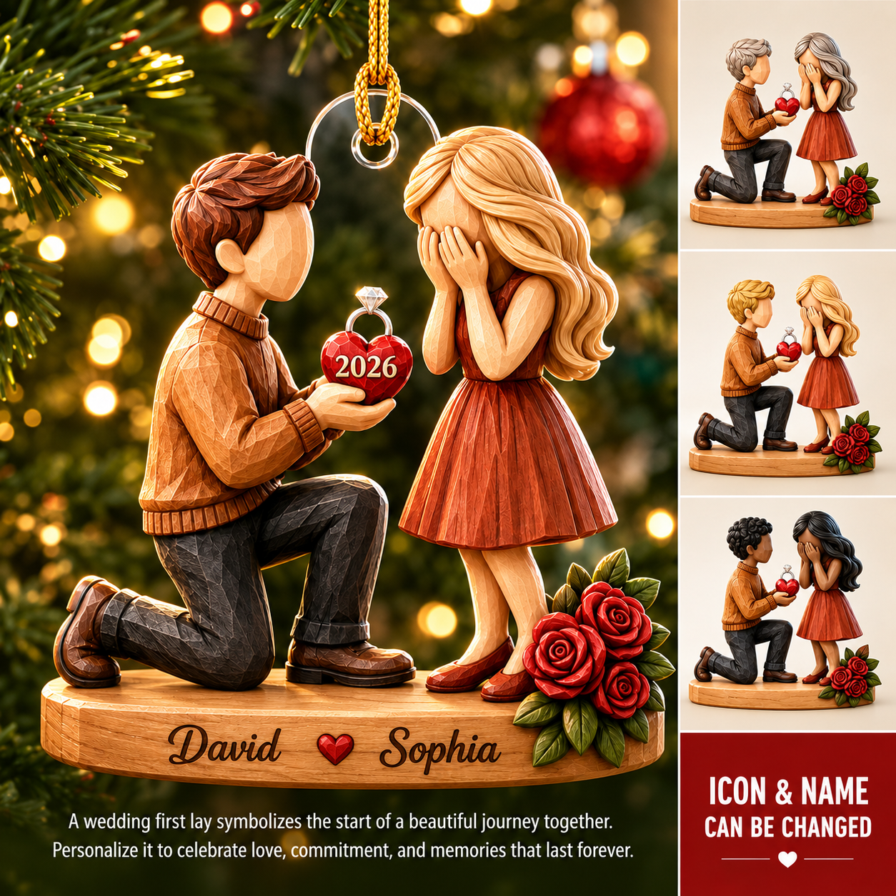 Couple Marriage Proposal Personalized 3D Acrylic Ornament with Names, Custom Engagement Keepsake, She Said Yes Gift for Newly Engaged Couples