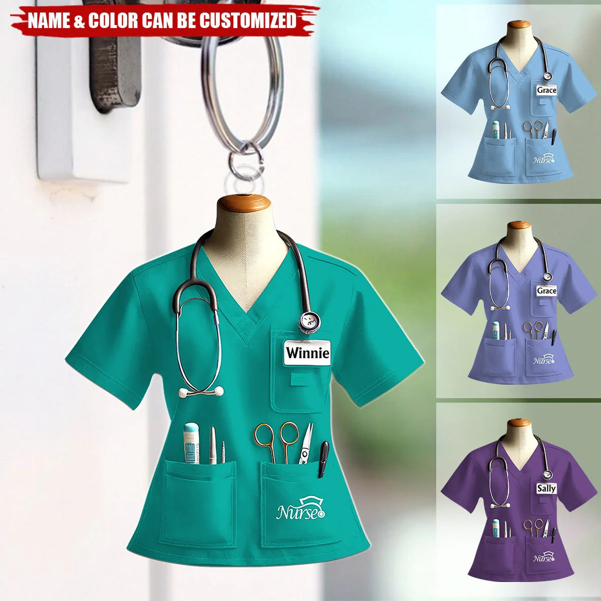 Personalized Nurse Uniform Keychain with Name, Custom Scrubs Acrylic Key Ring, Gift for RN Nurse Nursing Student Healthcare Worker