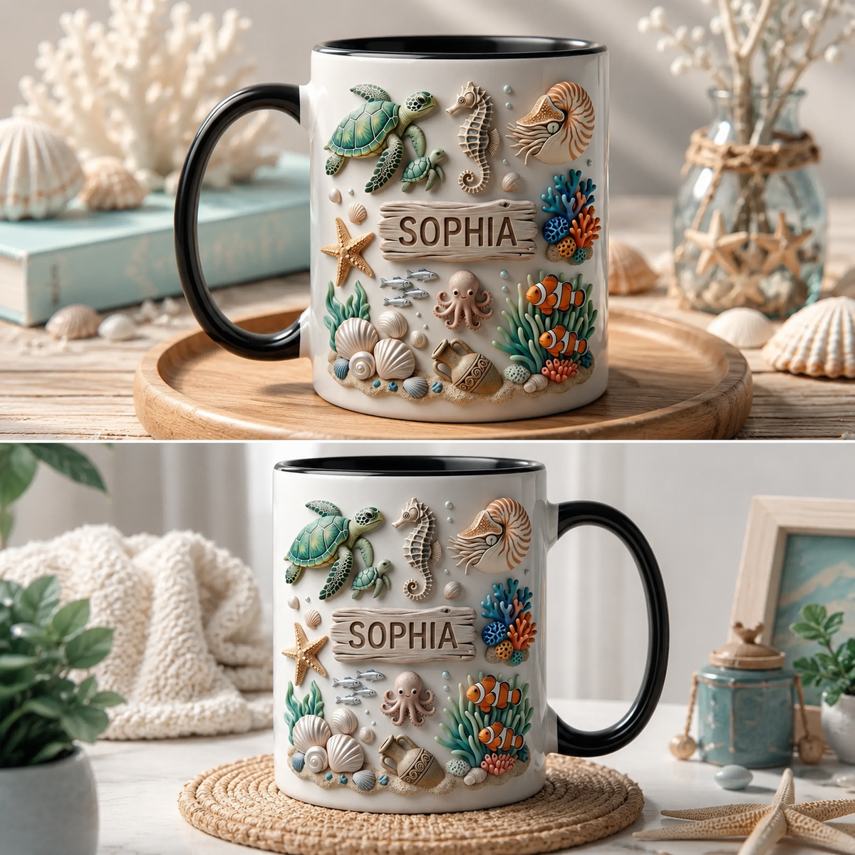 Personalized Sea Life 3D Coffee Mug, Custom Ocean Name Mug, Beach Theme Ceramic Accent Mug, Coastal Gift for Ocean Lovers, Sea Turtle Mug