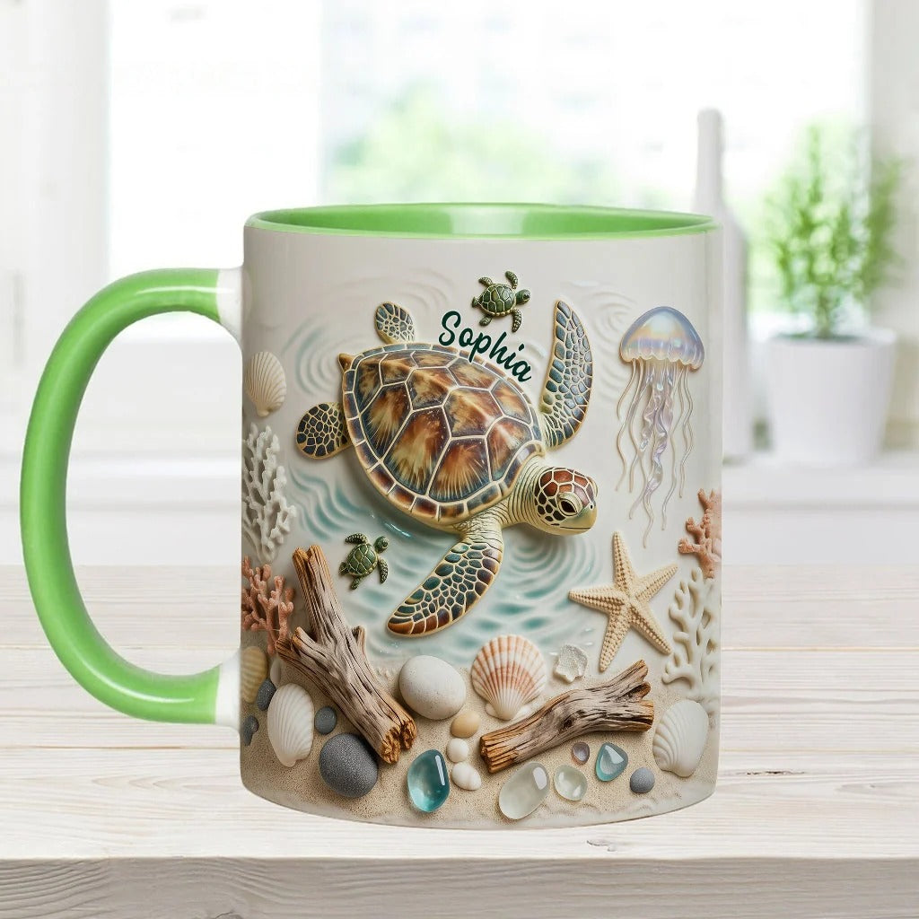 Personalized Turtle Accent Mug and Coaster, Custom Sea Turtle Ceramic Coffee Mug, Gift for Turtle Lover Women Men