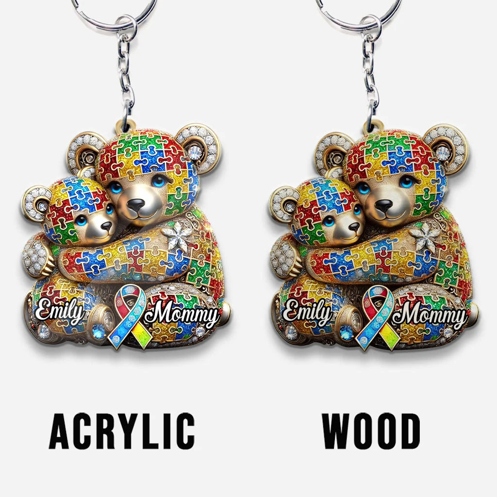 Personalized Mama Bear Autism Awareness Keychain, Custom Acrylic Wood Key Ring, Meaningful Gift for Mom Mother Family Supporter