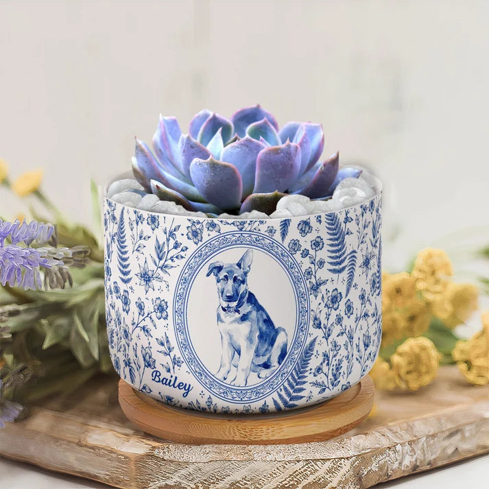 Personalized Pet Portrait Planter, Custom Dog Cat Memorial Ceramic Plant Pot with Bamboo Tray, Pet Loss Remembrance Gift for Pet Lover