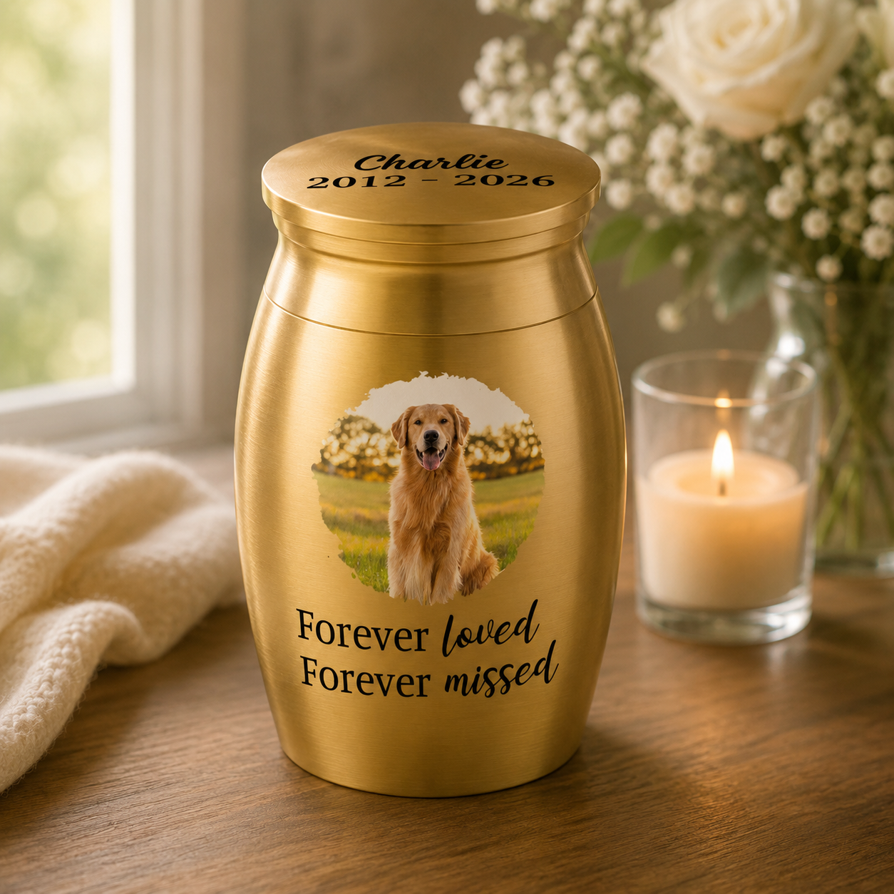 Photo Mini Urn for Loss of Dog/Cat – Personalized Pet Memorial Keepsake Urn with Picture, Name & Years
