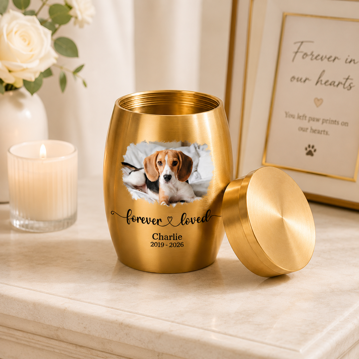 Forever Loved Photo Mini Urn – Personalized Pet Memorial Urn, Custom Dog Cat Ashes Keepsake with Name & Year