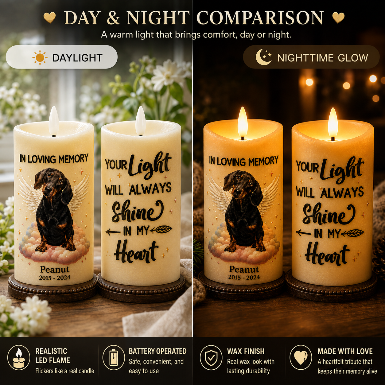 Your Light Will Always Shine In My Heart Pet Memorial Candle – Personalized Photo Flameless LED Candle