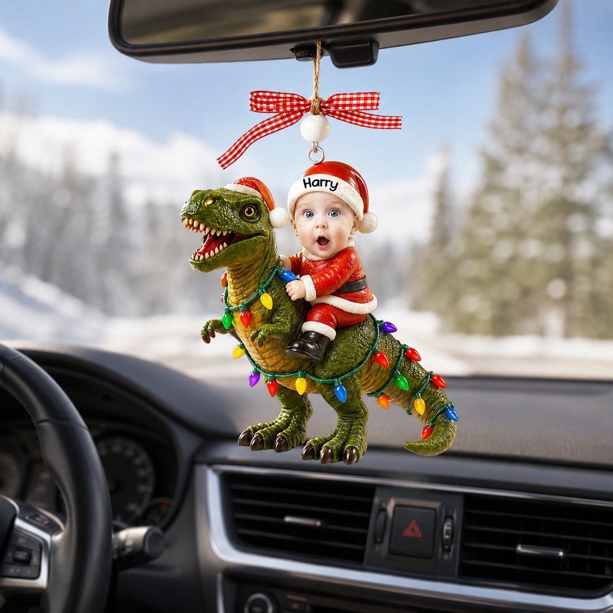 Custom Photo Santa 3D Effect Riding Dinosaur Ornament, Personalized Kid Christmas Ornament, Acrylic T-Rex Christmas Tree Decoration Gift