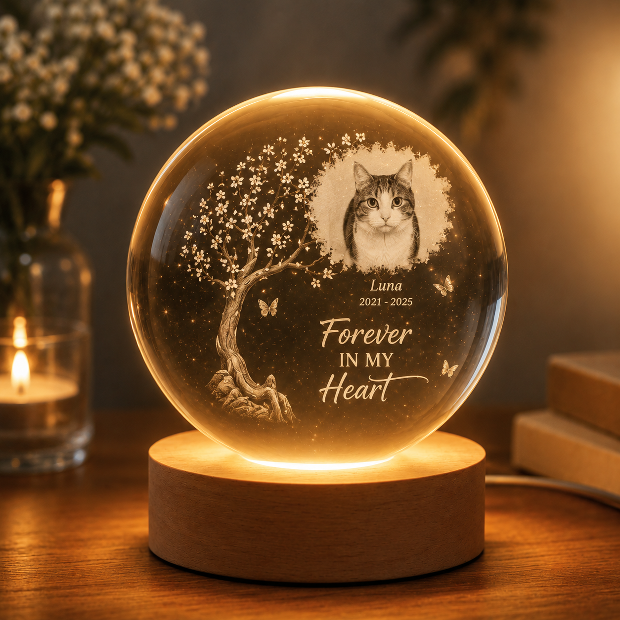 Personalisierte Haustier-Erinnerungs-Kristallkugel-Lampe – individuelles Foto-Andenken