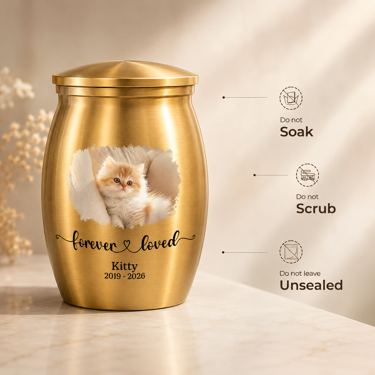 Forever Loved Photo Mini Urn – Personalized Pet Memorial Urn, Custom Dog Cat Ashes Keepsake with Name & Year