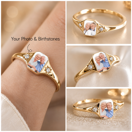 Personalized Photo Birthstone Ring, Custom Picture Ring with 2 Birthstones, Memorial Family Couple Jewelry Gift for Women