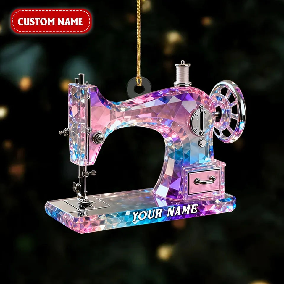 Personalized Sewing Machine Ornament with Name, Stained Glass Effect Acrylic Christmas Keepsake, Gift for Quilter Seamstress Tailor