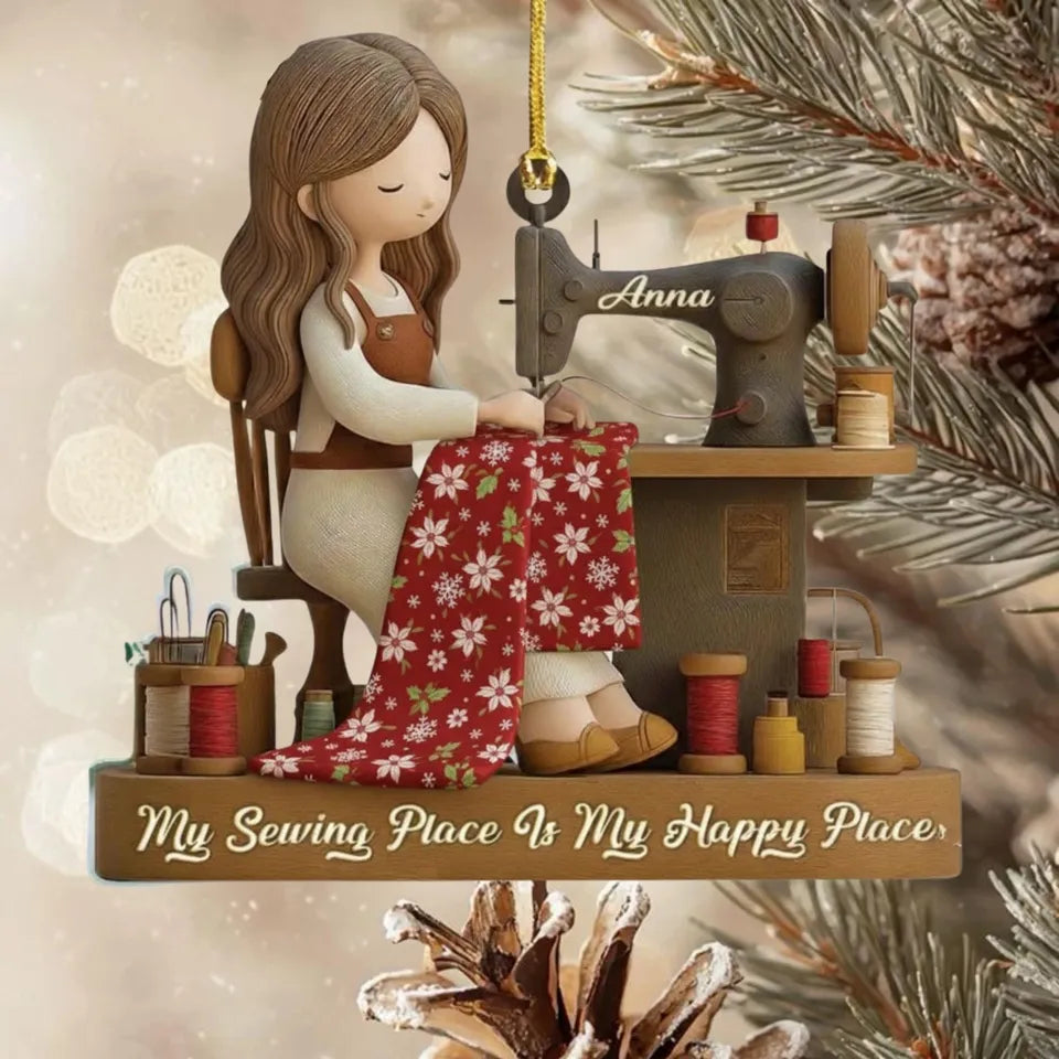 Personalized Sewing Girl Christmas Ornament, My Sewing Space Is My Happy Place Acrylic Keepsake, Gift for Quilter Seamstress Sewing Lover