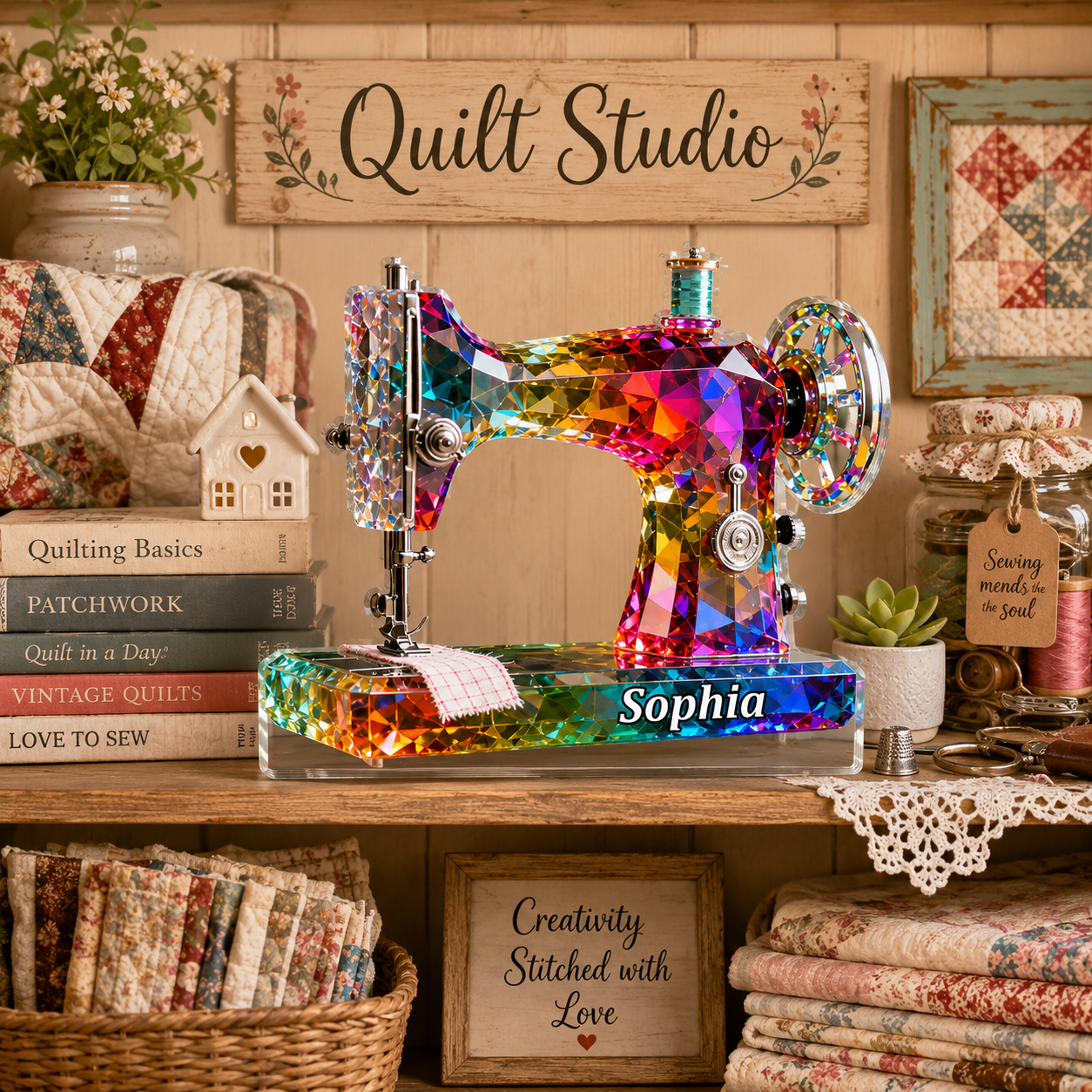 Stained Glass Sewing Machine Personalized 3D Effect Acrylic Plaque with Name, Custom Sewing Room Decor Gift for Quilters & Sewing Lovers