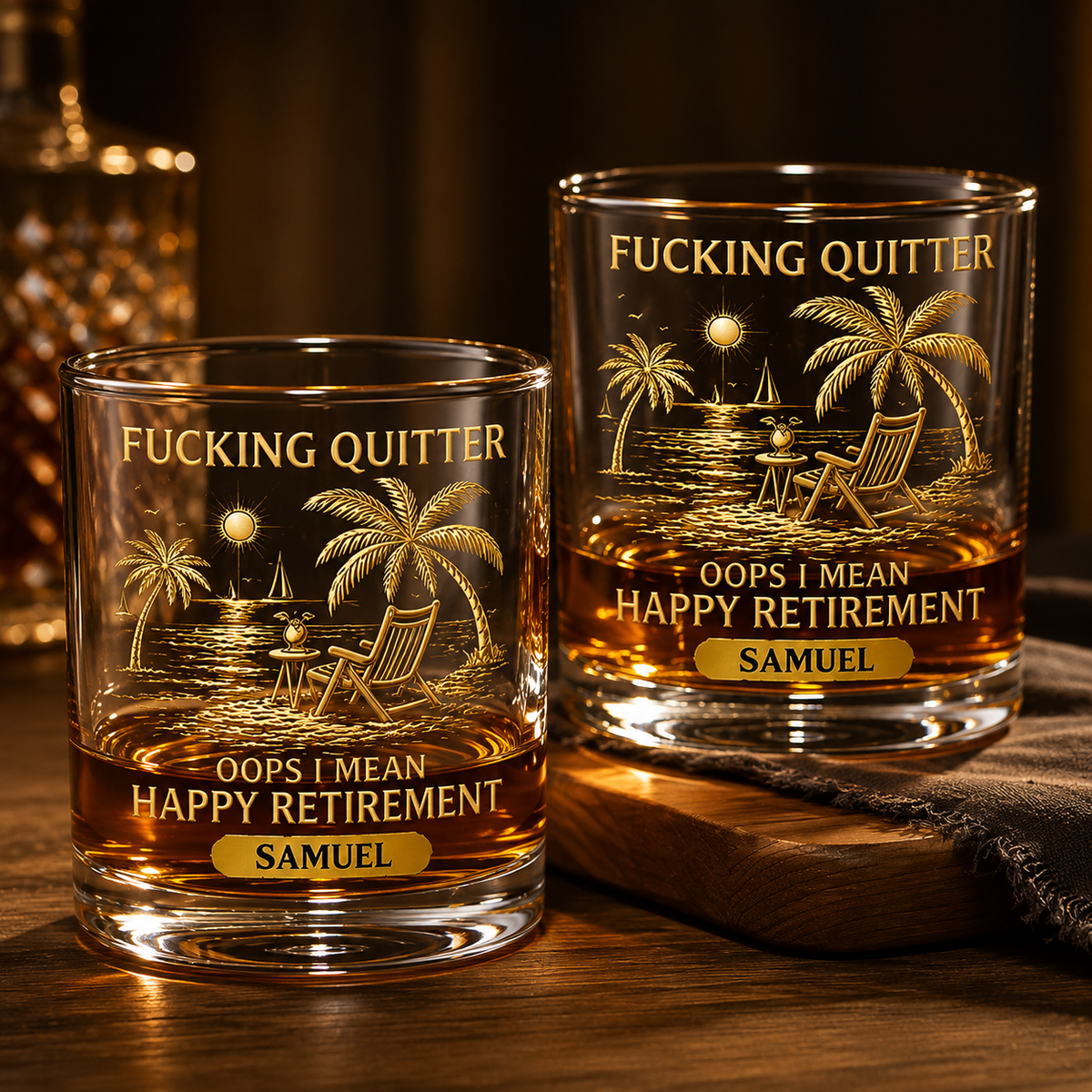 F*cking Quitter Oops 3D Effect I Mean Happy Retirement Whiskey Glass, Funny Retirement Whiskey Glass, Personalized Retirement Gift