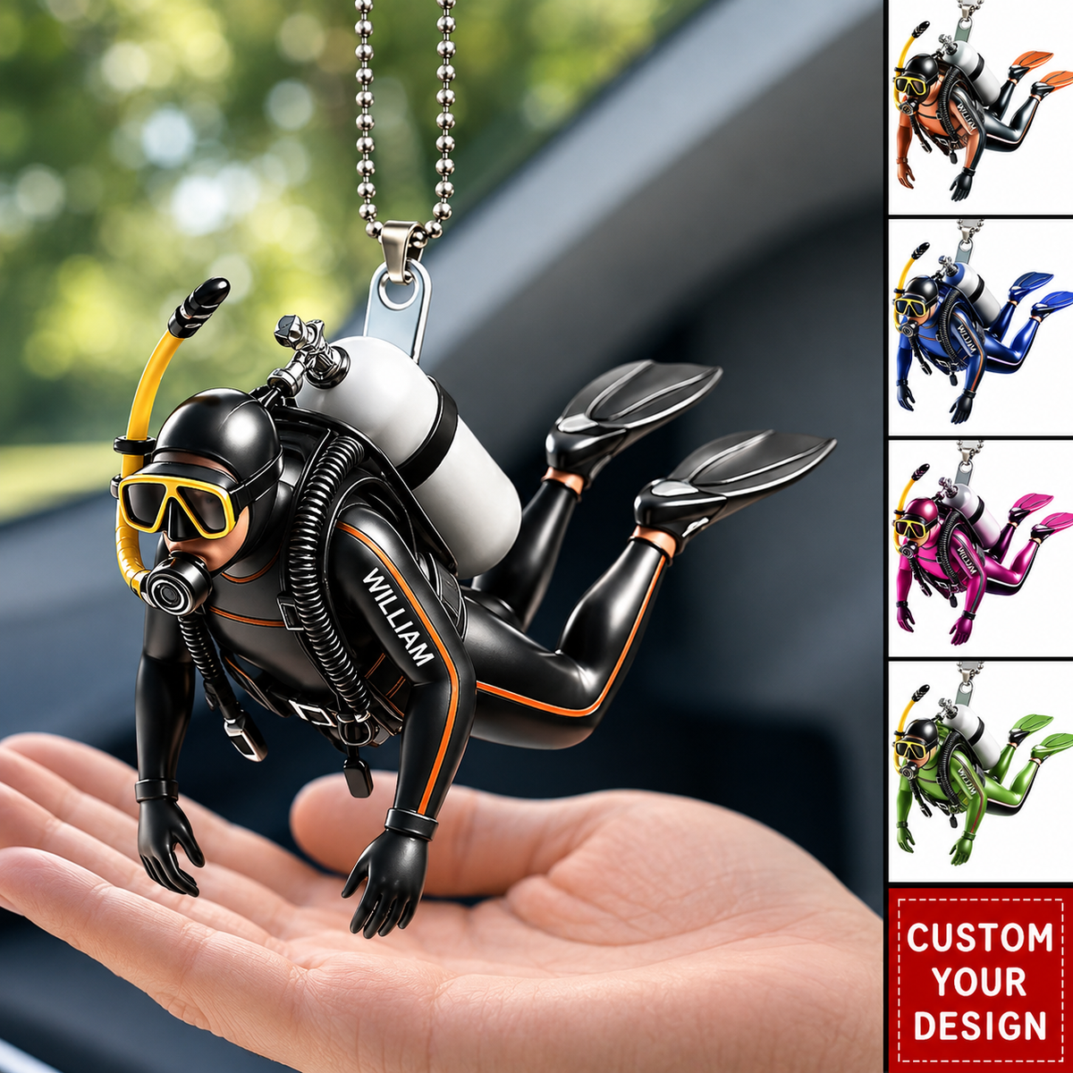 Personalized Scuba Diver Car 3D Effect Ornament, Custom Acrylic Diving Car Hanging Ornament with Name, Scuba Diving Gift for Divers