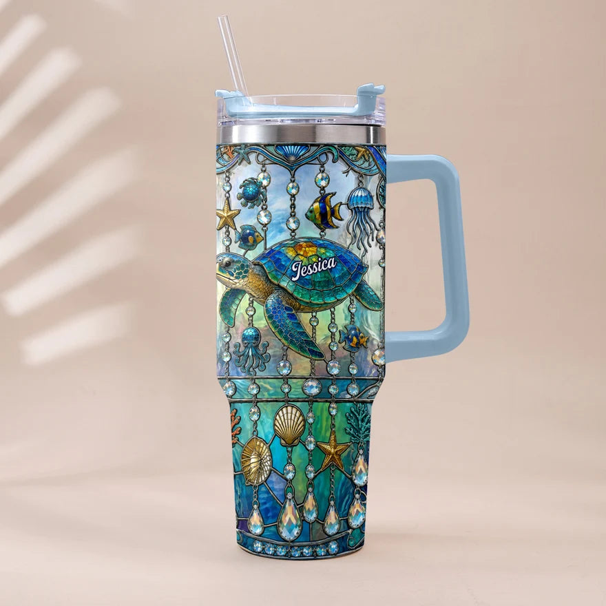 Personalized Ocean Turtle 40oz Tumbler with Handle, Custom Sea Turtle Stainless Steel Travel Cup with Straw, Gift for Turtle Lovers Women Men