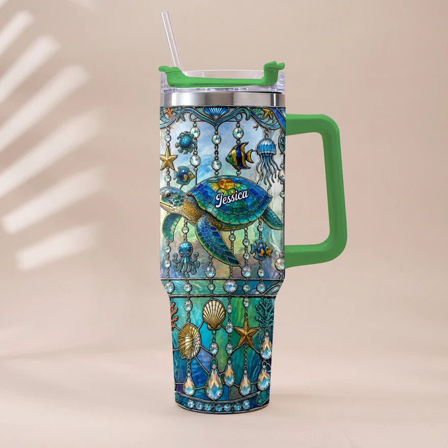 Personalized Ocean Turtle 40oz Tumbler with Handle, Custom Sea Turtle Stainless Steel Travel Cup with Straw, Gift for Turtle Lovers Women Men