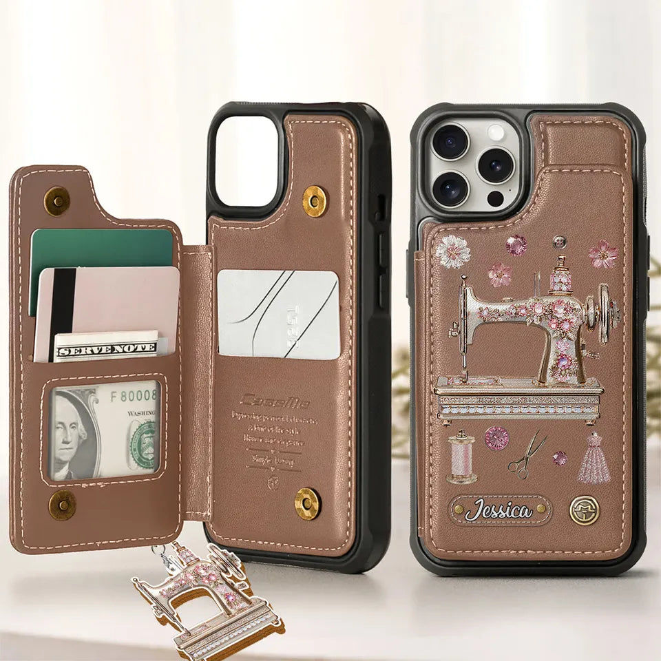 Personalized Sewing Machine Wallet Phone Case, Custom Quilter Seamstress PU Leather Case for iPhone Samsung, Gift for Sewing Lover