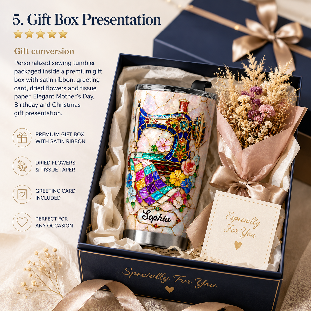 Elegant Floral Sewing Machine Personalized 3D Stainless Steel Tumbler with Name, Custom Gift for Mom, Grandma & Sewing Lovers