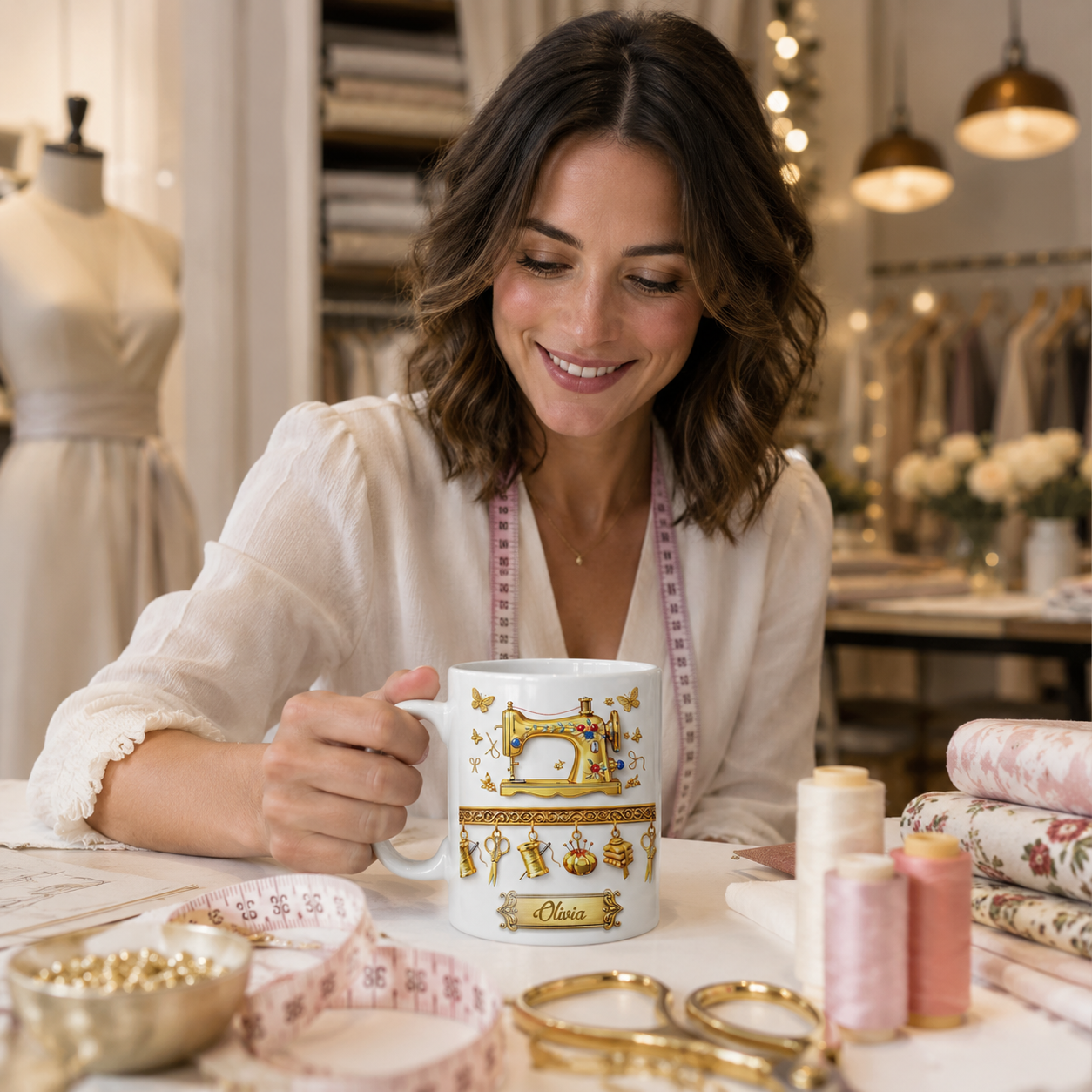 Personalisierte Nähmaschinen-Tasse – Geschenk für sie mit 3D-Effekt