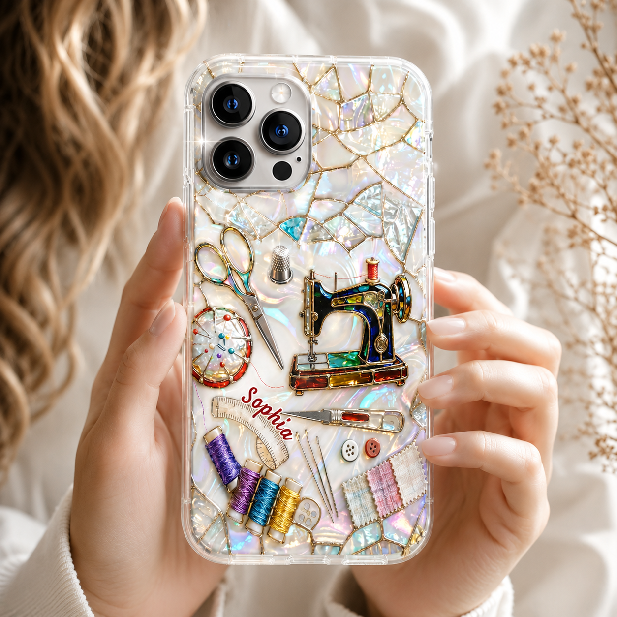 Personalized Sewing Lover Clear Phone Case 3D Effect – Custom Name Gift for Quilters & Crafter
