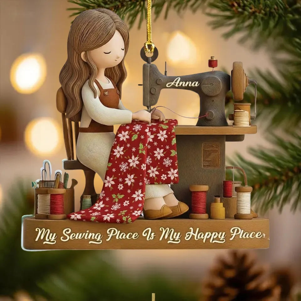 Personalized Sewing Girl Christmas Ornament, My Sewing Space Is My Happy Place Acrylic Keepsake, Gift for Quilter Seamstress Sewing Lover