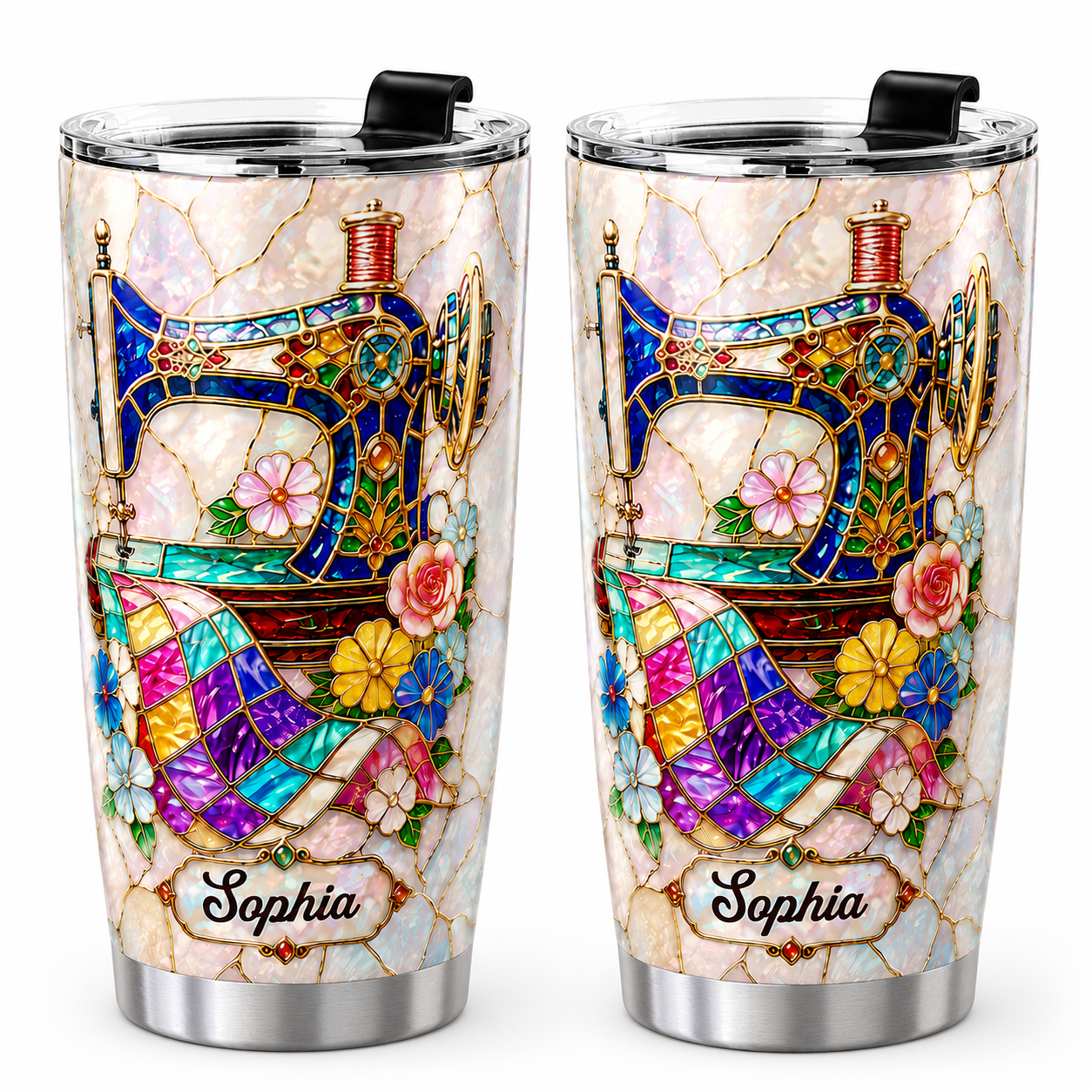 Elegant Floral Sewing Machine Personalized 3D Stainless Steel Tumbler with Name, Custom Gift for Mom, Grandma & Sewing Lovers