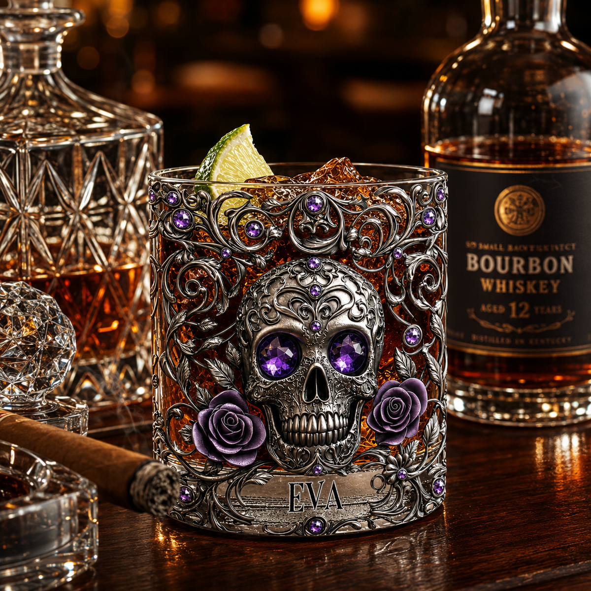 Personalized Skull Whiskey Glass 3D, Custom Crystal Whiskey Glass with Name, Gothic Skull & Roses Rocks Glass, Halloween Gift for Whiskey Lovers