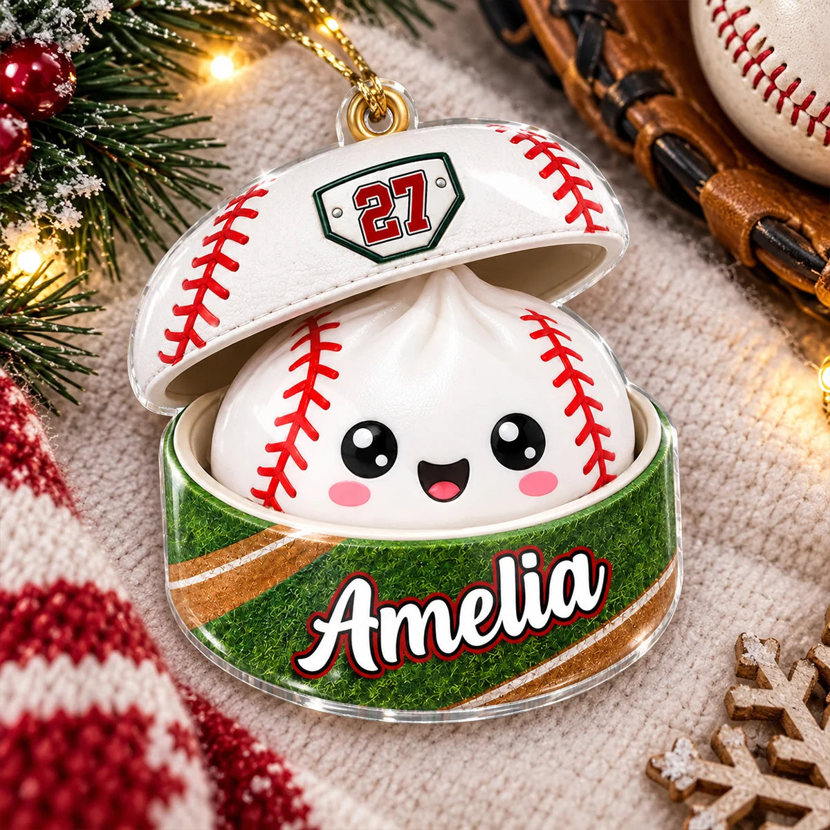 Personalized Baseball Softball Dumpling Christmas Ornament with Name & Player Number, Custom Acrylic Keepsake, Gift for Son Daughter Grandkids