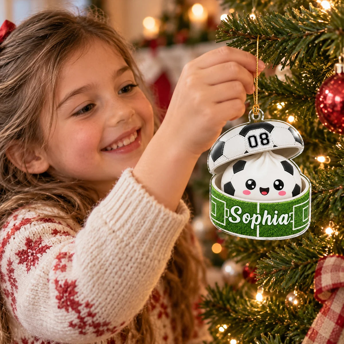 Personalized Soccer Dumpling Christmas Ornament with Name & Player Number, Custom Squishy Style Acrylic Keepsake, Gift for Soccer Player Kids