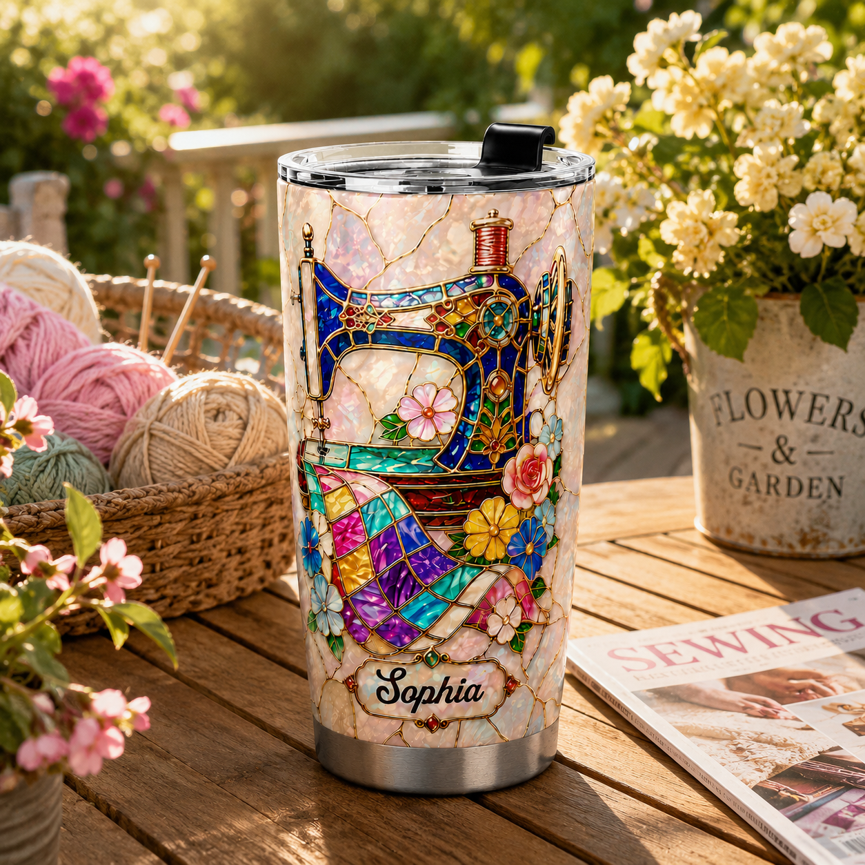 Elegant Floral Sewing Machine Personalized 3D Stainless Steel Tumbler with Name, Custom Gift for Mom, Grandma & Sewing Lovers