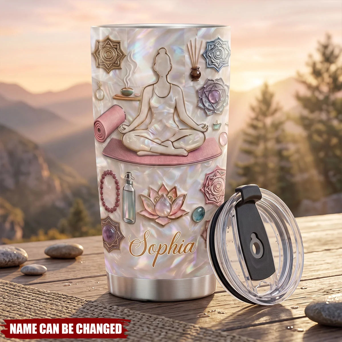 Personalized Yoga Tumbler with Name, Inner Peace Woman 20oz 30oz Stainless Steel Insulated Cup, Gift for Yoga Lover Women Yogi Instructor