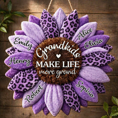 Personalisiertes Sonnenblumen-Familienname-Holztürschild für Mama oder Oma Geschenk – Unser Familienherz Andenken