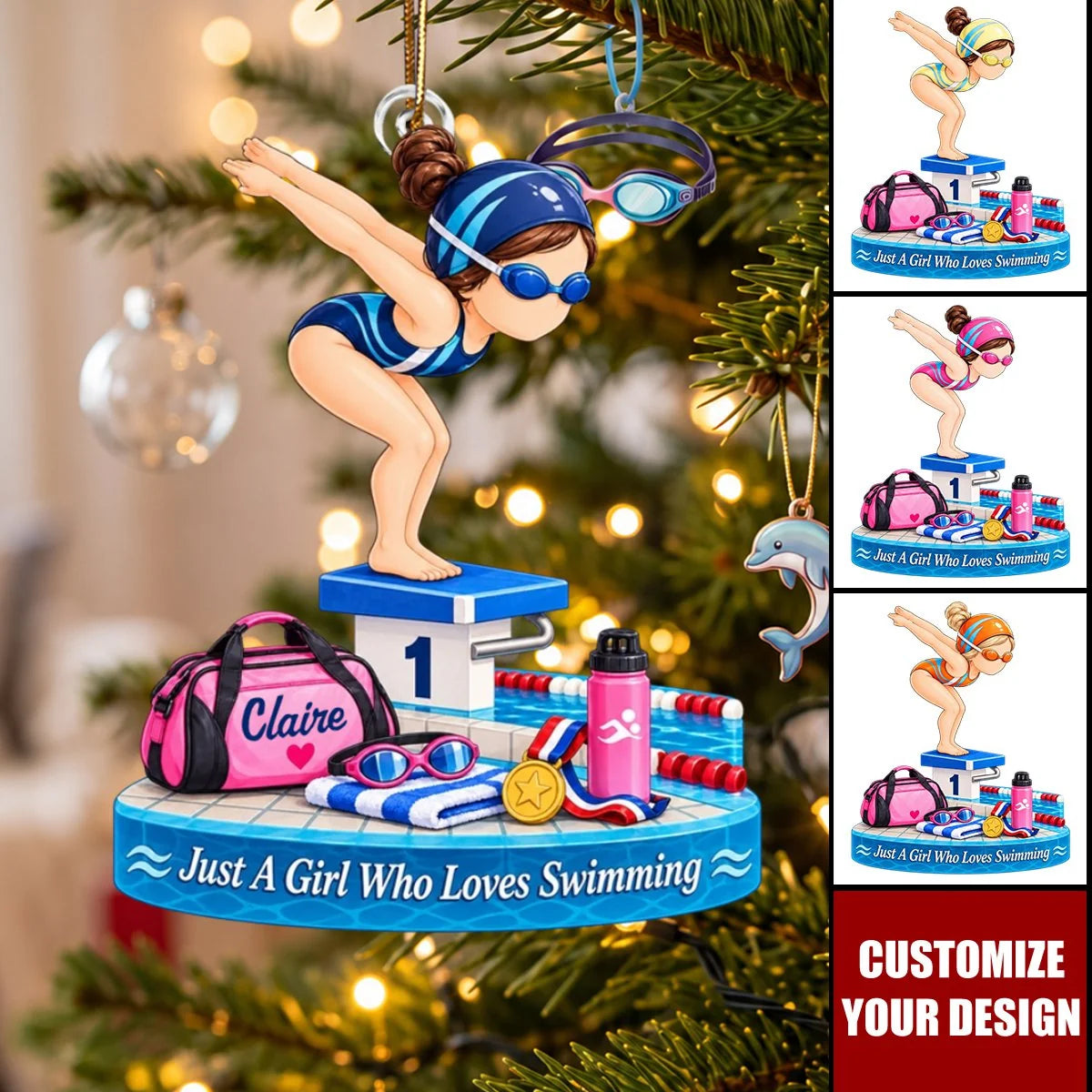 Personalized Swim Girl Acrylic Christmas Ornament, Custom Swimmer Keepsake, Gift for Daughter Granddaughter Girl Swimmer Swim Team