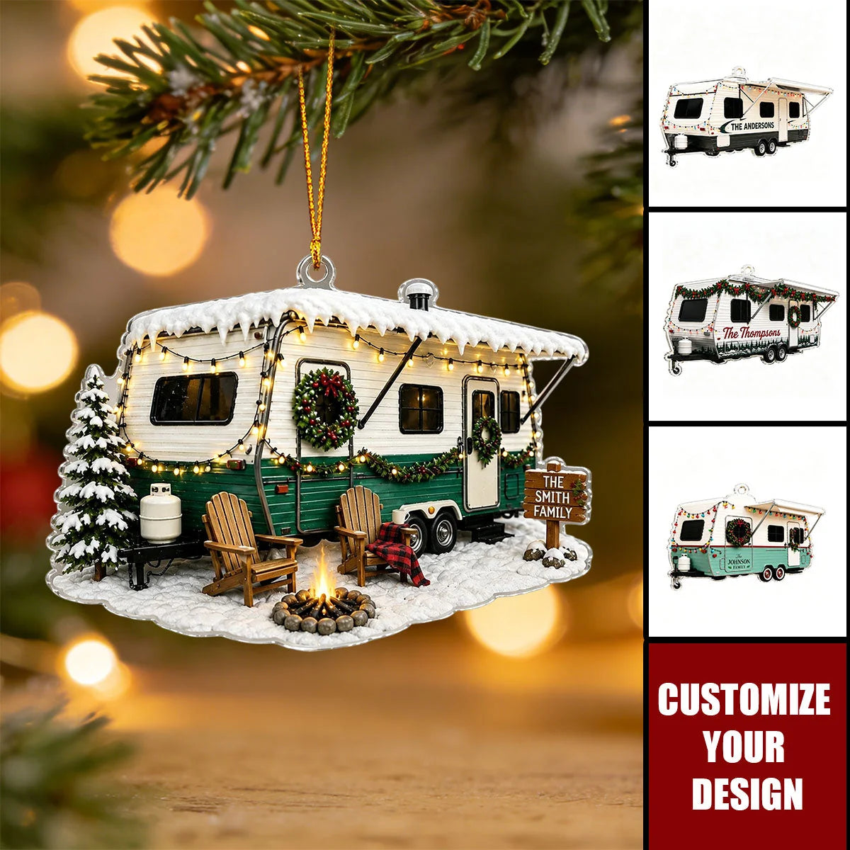 Personalized Camping Trailer Christmas Ornament, Custom RV Family Acrylic Keepsake, Gift for Camper Couple Parents Grandparents Travelers