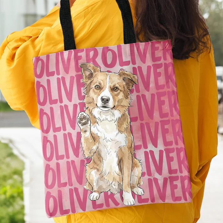 Personalized Pet Portrait Tote Bag with Name, Custom Watercolor Dog Cat Photo Bag, Gift for Dog Mom Cat Mom Pet Lover