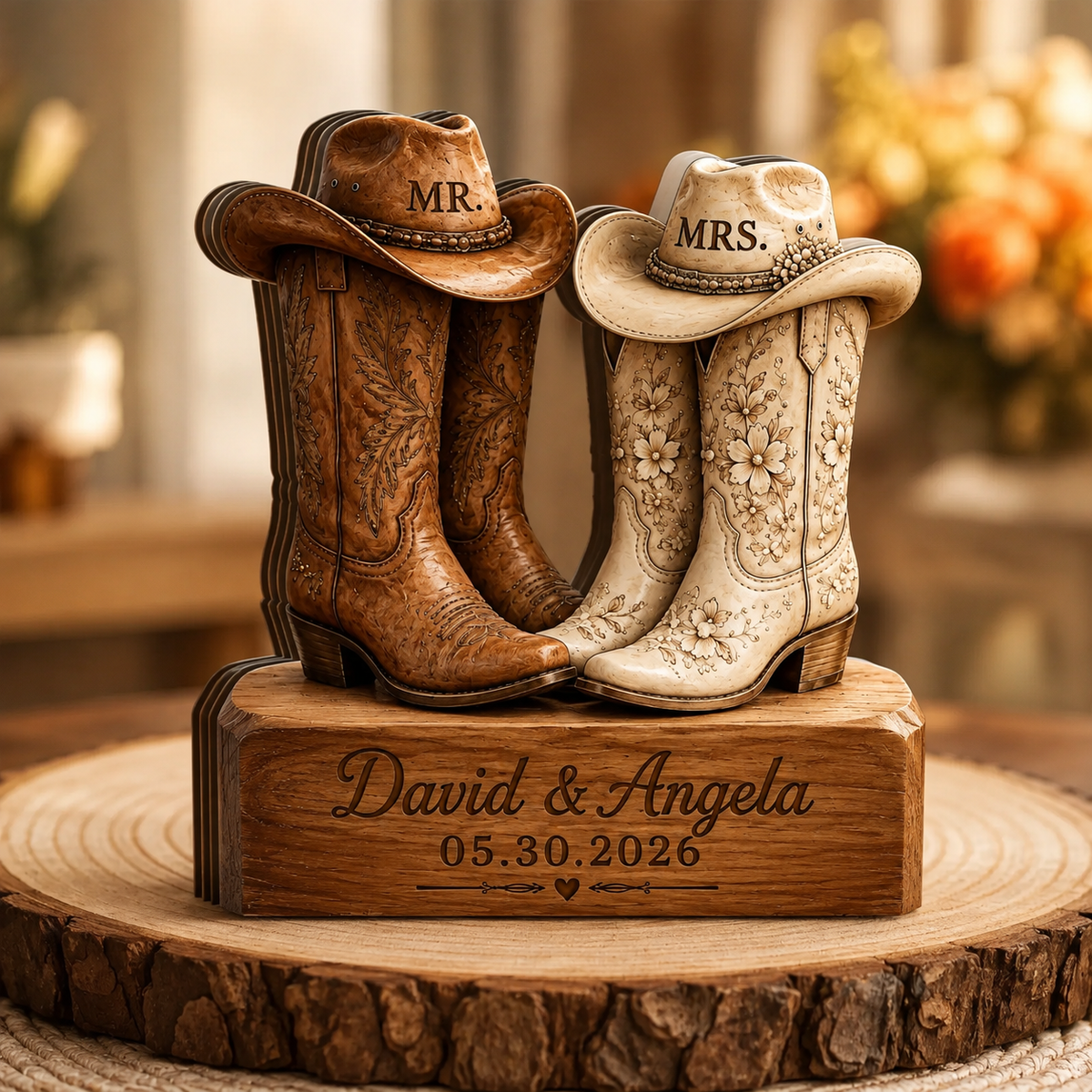 Personalized 3D Effect Cowboy Boots Wooden Plaque, Custom Western Wedding Gift, Mr & Mrs Rustic Country Couple Decor
