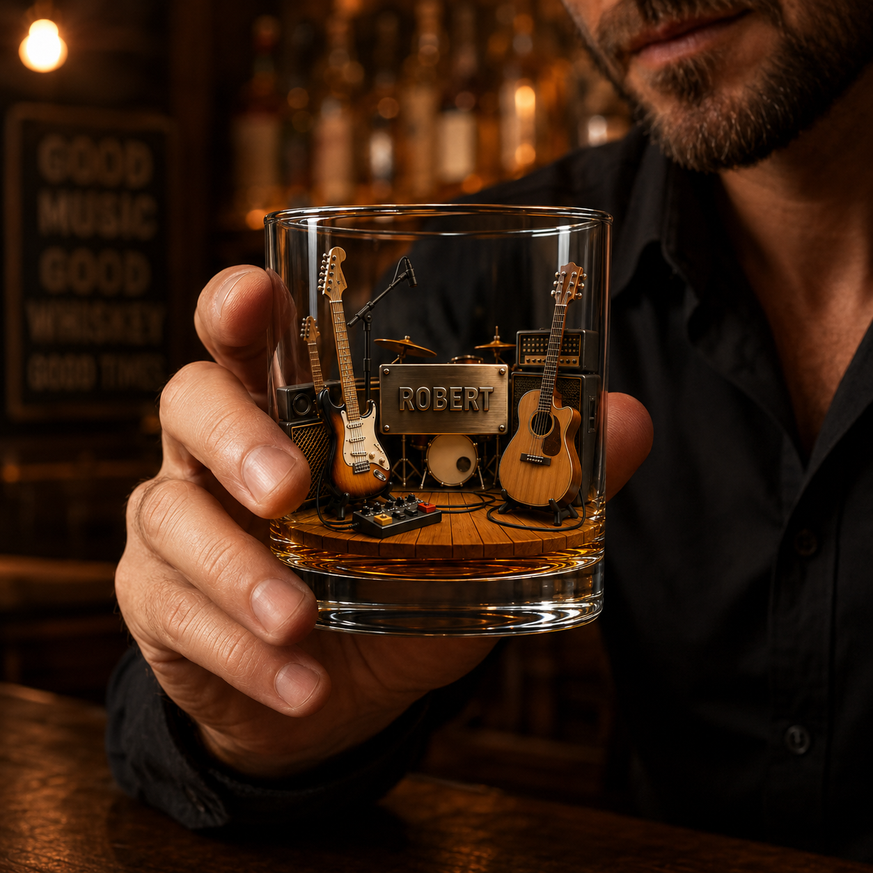 Personalized Guitar Studio Whiskey Glass 3D Effect with Name, 10oz Old Fashioned Glass Gift for Guitarists, Musicians & Music Lovers