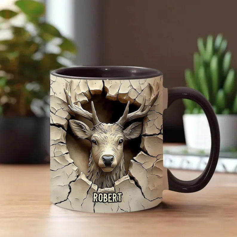 Personalized Deer Hunting Mug, Custom Embossed Effect Buck Ceramic Coffee Cup, Gift for Hunter Dad Husband Grandpa Outdoorsman