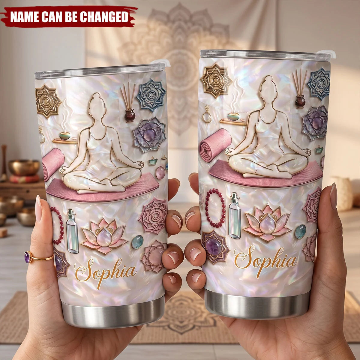 Personalized Yoga Tumbler with Name, Inner Peace Woman 20oz 30oz Stainless Steel Insulated Cup, Gift for Yoga Lover Women Yogi Instructor