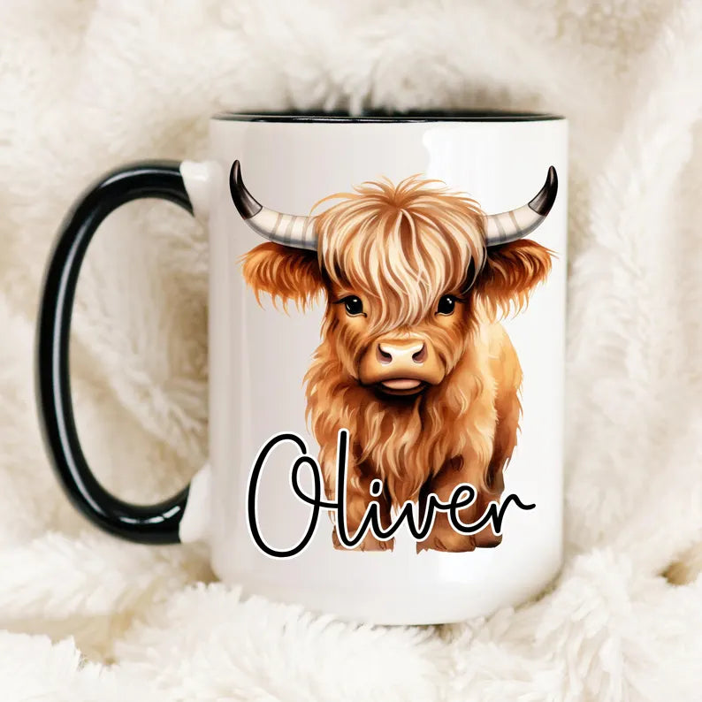 Personalized Highland Cow Coffee Mug, Custom Cute Cow Ceramic Cup, Gift for Cow Lover Women Friend Mom Birthday Gift for Her