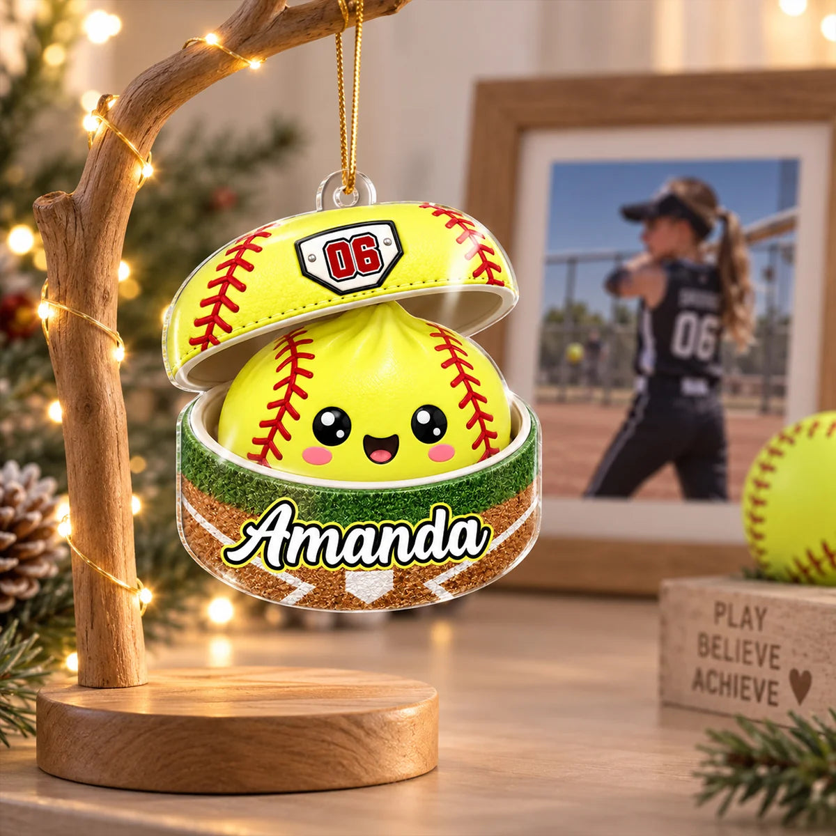 Personalized Baseball Softball Dumpling Christmas Ornament with Name & Player Number, Custom Acrylic Keepsake, Gift for Son Daughter Grandkids