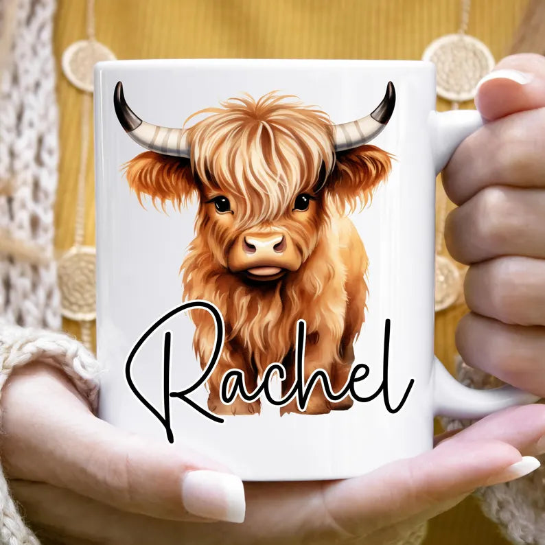 Personalized Highland Cow Coffee Mug, Custom Cute Cow Ceramic Cup, Gift for Cow Lover Women Friend Mom Birthday Gift for Her