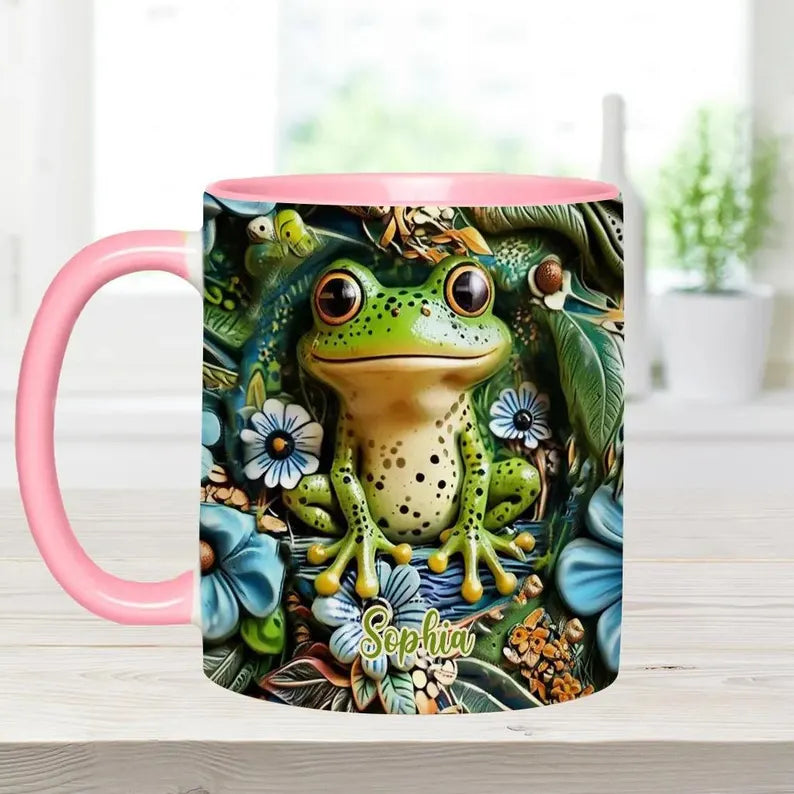 Personalized Frog Accent Mug, Custom Cute Frog Ceramic Coffee Cup, Gift for Frog Lover Women Mom Friend, Mother’s Day Birthday Gift