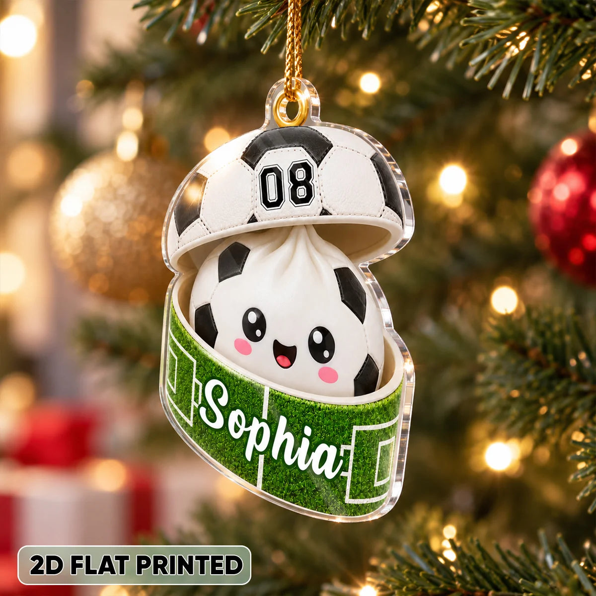 Personalized Soccer Dumpling Christmas Ornament with Name & Player Number, Custom Squishy Style Acrylic Keepsake, Gift for Soccer Player Kids