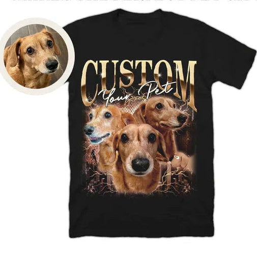 Custom Unique Vintage Photo Pet Tee, Personalized Name T-shirt Couple Gifts Black