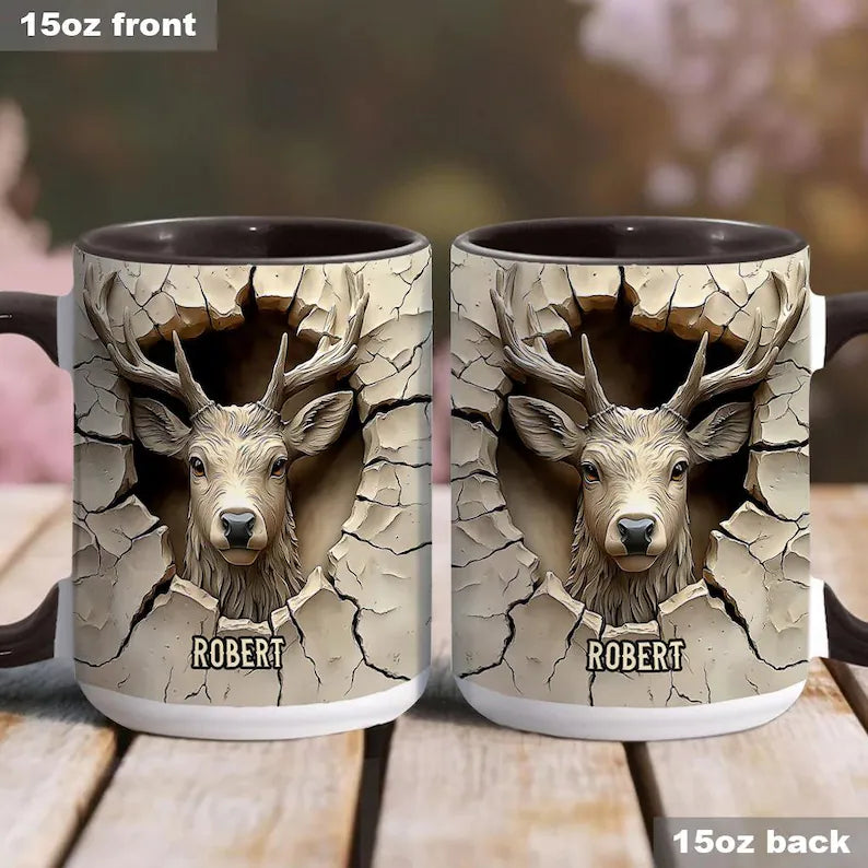 Personalized Deer Hunting Mug, Custom Embossed Effect Buck Ceramic Coffee Cup, Gift for Hunter Dad Husband Grandpa Outdoorsman
